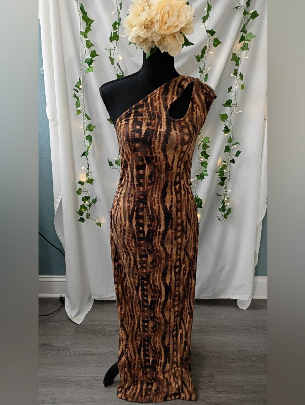 Cato One-Shoulder Brown Patterned Maxi Dress